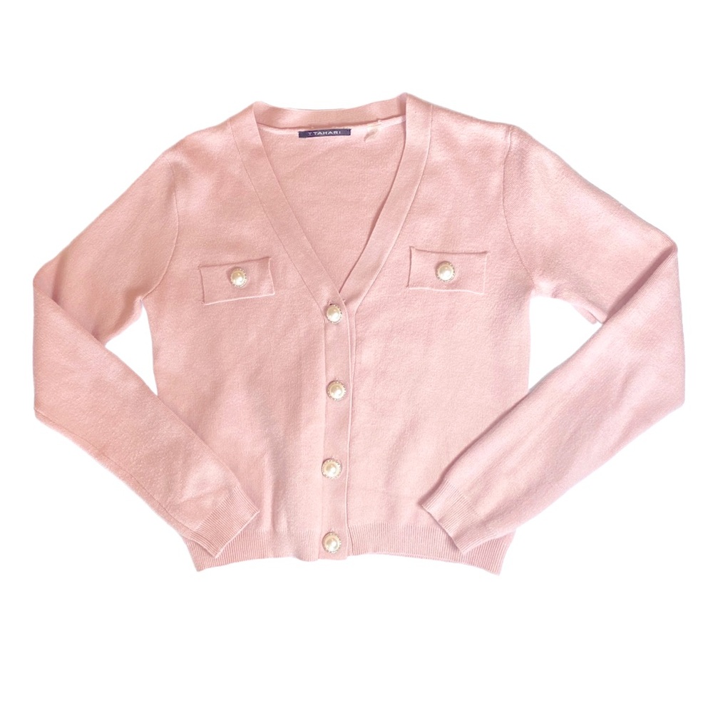 T Tahari Pink Cardigan Sweater V-Neck Pearl Buttons Size XS - Picture 2 of 4